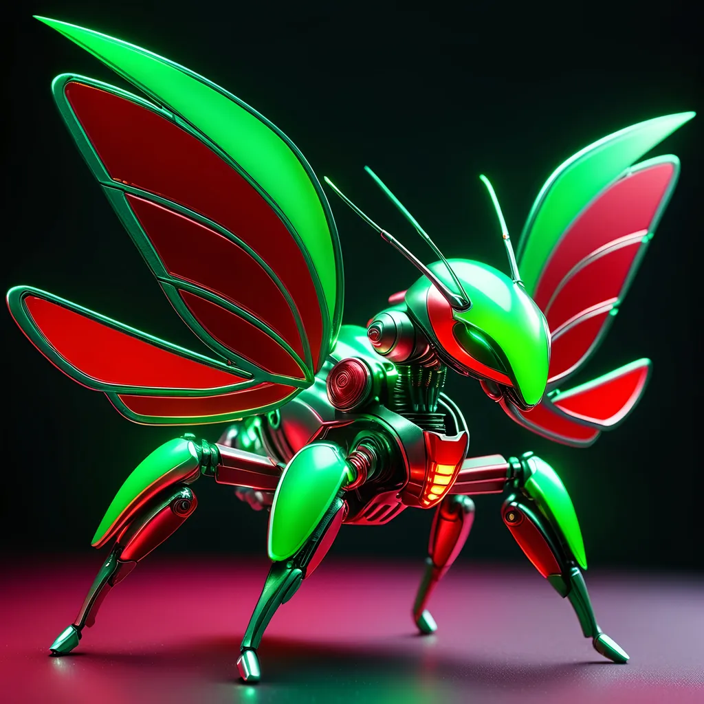 Prompt: small kawaii style mantis mech, metallic and sleek design, futuristic sci-fi style, intense green and red color scheme, sparkling neon lights, mech wings, miniature scale, highres, ultra-detailed, sci-fi, futuristic, metallic sheen, intense color scheme, miniature scale, neon lights, detailed design, professional, atmospheric lighting