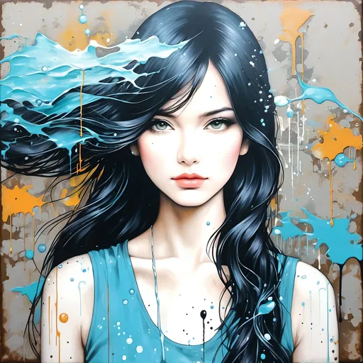 Prompt: She is in a graffiti monsoon, encaustic painting, inlays 