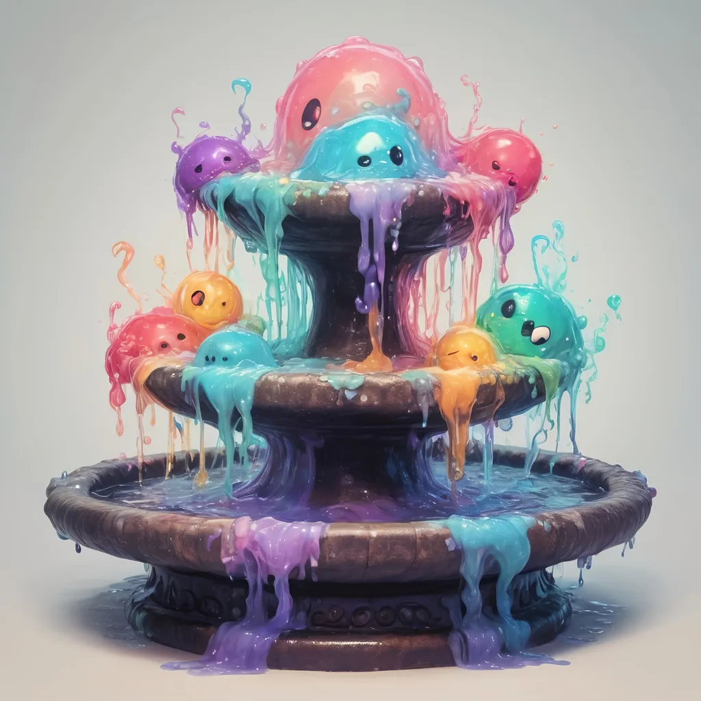 Prompt: A four-way fountain each side filled with strange glowing dancing slimes in many colors, in zen tangle art style
