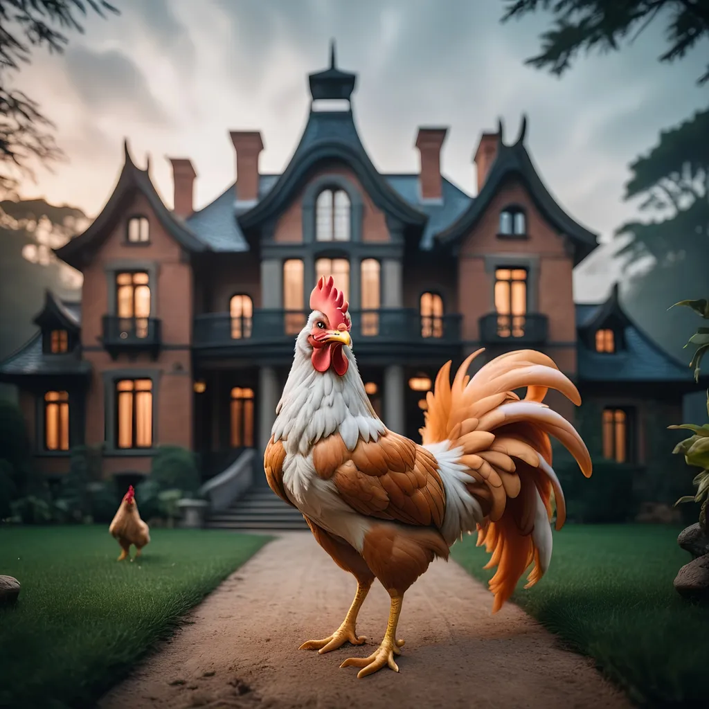 Prompt: impressive luxury residence combining the styles of metaphorical chicken and mystical fox, professional photography, cinematic lighting, unsplash