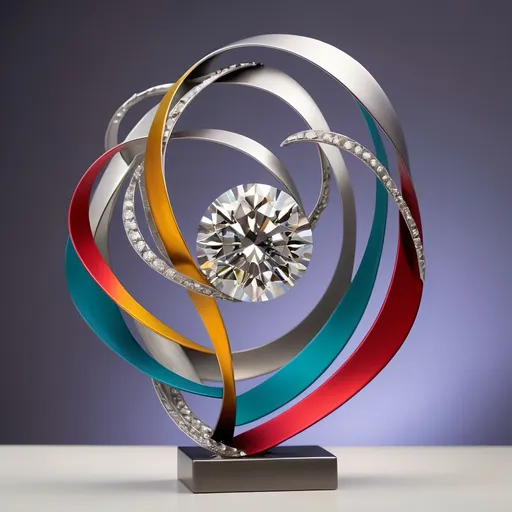 Prompt: Abstract metal tabletop sculpture, platinum and diamond, bright solid colored background, high quality, metallic, modern, vibrant colors, detailed textures, professional lighting