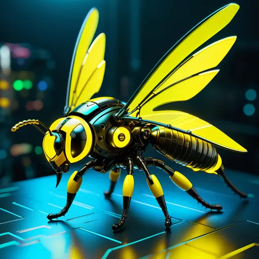 Prompt: Tiny hornet mech, metallic and sleek design, futuristic sci-fi style, detailed mechanical wings, intense yellow and black color scheme, sparkling neon lights, miniature scale, highres, ultra-detailed, sci-fi, futuristic, metallic sheen, mechanical wings, intense color scheme, miniature scale, neon lights, detailed design, professional, atmospheric lighting