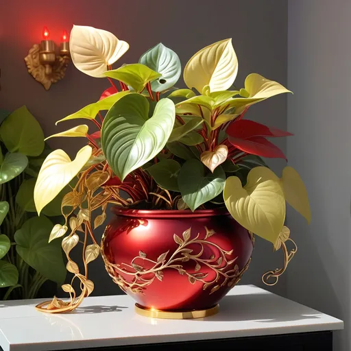 Prompt: Big Red quartz and metallic gold pot filled with pothos plant, shiny metallic surface, vibrant red and gold colors, intricate vine patterns, high quality, detailed, luxurious, elegant, realistic, warm lighting