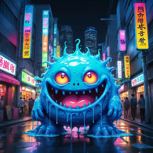 Prompt: Anime illustration of a vibrant slime monster, bright and vivid colors, urban Tokyo street setting, oozing electric blue texture, detailed gooey substance, playful and mischievous expression, neon-lit cityscape, high quality, anime, vibrant colors, ooze, Tokyo street, detailed texture, mischievous expression, urban setting, neon lights, highres, playful