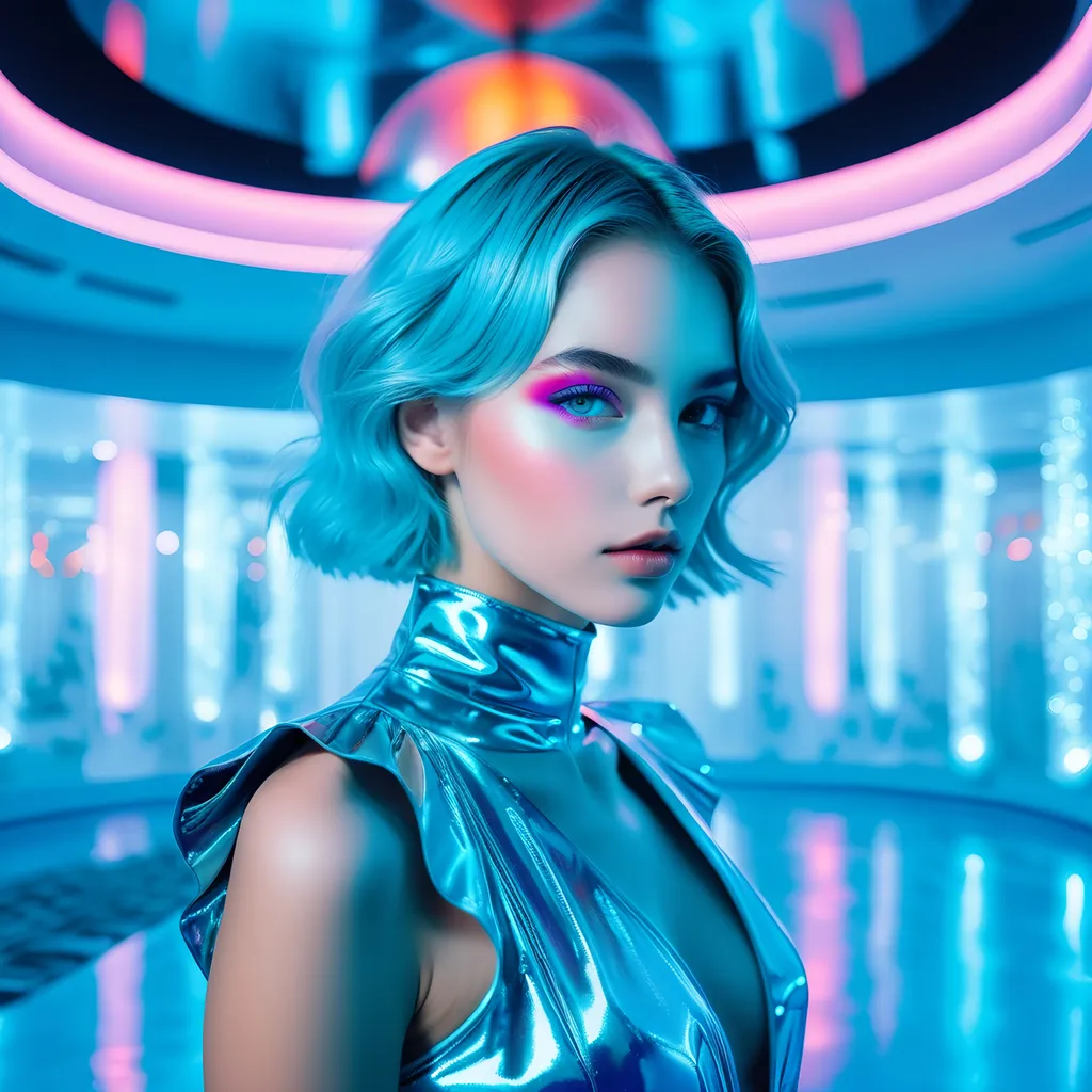 Prompt: another chalcedony balletcore haute couture fashion shoot that is dripping with bright colored lights, carbonated themed, in the style of y2k aesthetic, YlnMn blue, psychedelic surreal minimalism, i can't believe how beautiful this is, snapshot aesthetic, luminous skies, mirrored, Fuji film eterna vivid, Zeiss lens, Canon EOS R7 