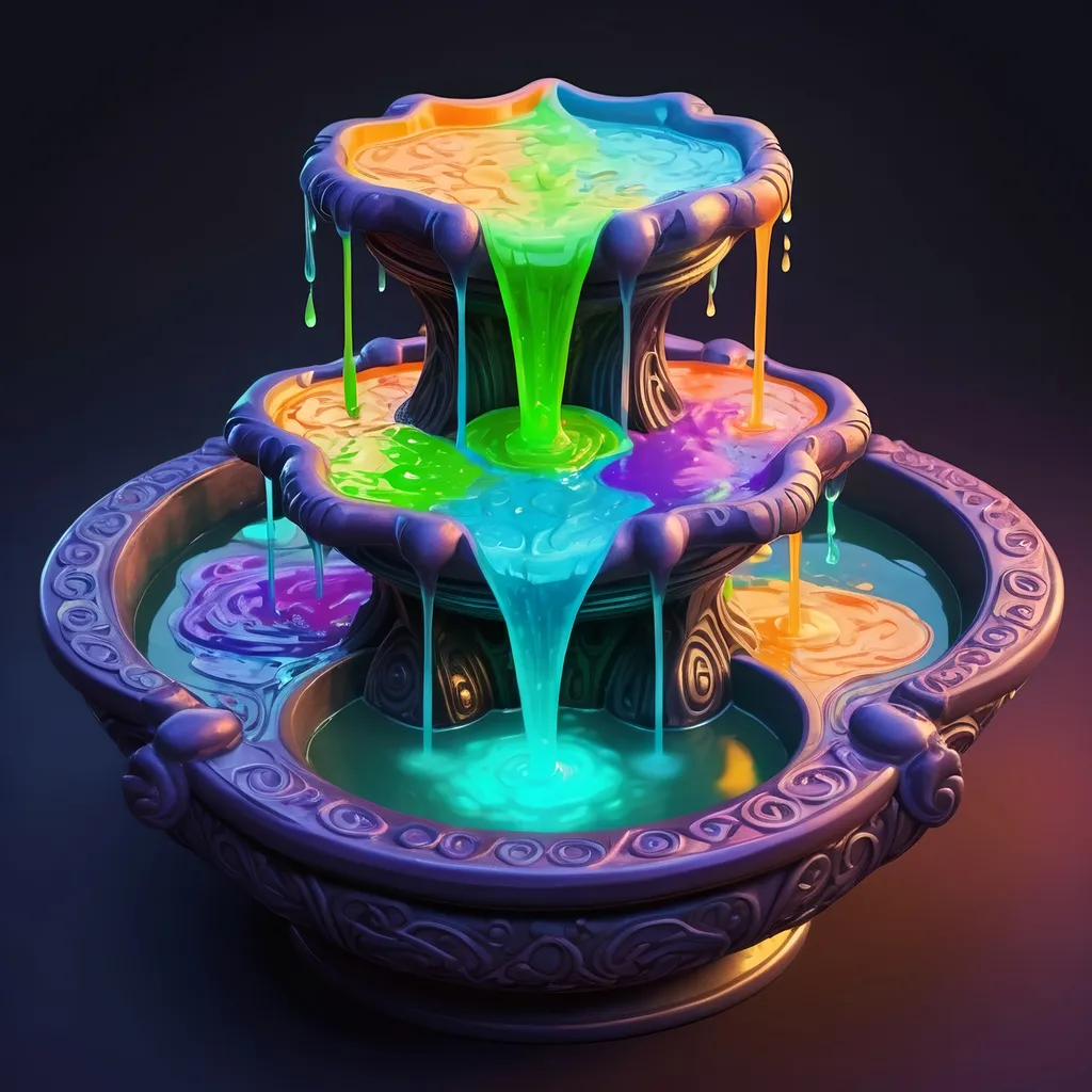 Prompt: A four-way fountain each side filled with strange glowing slime in many colors, in zen tangle art style
