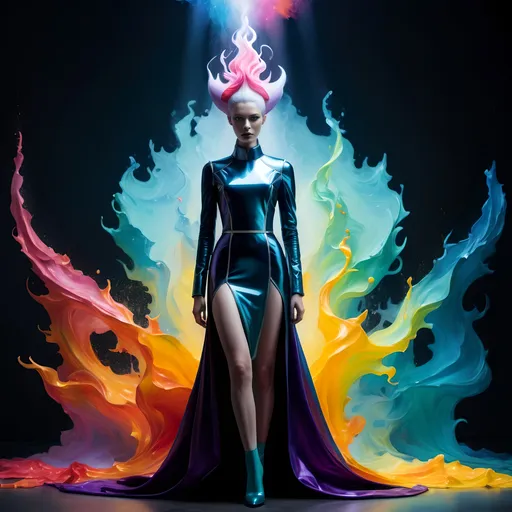 Prompt: high priestess, woman minimalism avangard, full body portrait, fashion model wearing colorful avant-garde outfit inspired by siphonophore designed by Mugler, fashion shoot in photographed by Mario Sorrenti, falling, highly detailed, lens flare emptiness of loss in a deep spiritual expression, a dark symbol of peaceful death, to carry in the bifrost of eternal time, sweetness of a subtle masterpiece of tranquility over cold and warmth. masterful impasto oil technique, ethereal background 