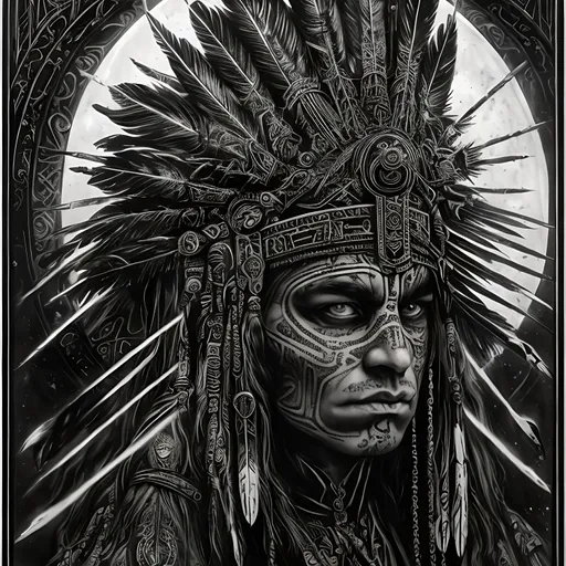 Prompt: Divine, all-seeing native American, protector of all, symbolism, gothic painting, black and white, cosmic order, transcendence, detailed eyes, intricate symbolism, high res, ultra-detailed, gothic, cosmic, monochrome, intense gaze, majestic, atmospheric lighting