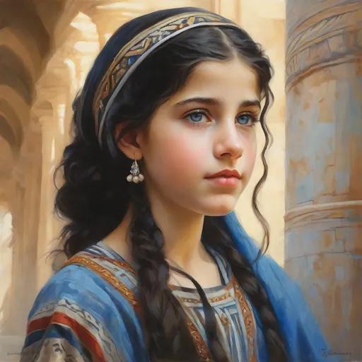 Prompt: A 13 years old Syrian girl, pale skin, black hair, pigtails, blue eyes, traditional Syrian dress, Old Damascus, photorealistic, extremely detailed painting by Greg Rutkowski by Steve Henderson