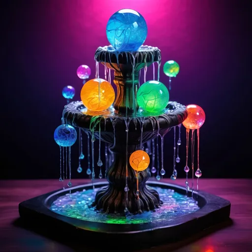 Prompt: Four-way fountain with strange glowing dancing crystal spheres, colorful dripping slime, zen tangle art style, high quality, detailed, glowing crystals, colorful slime, intricate zen tangle art, vibrant, surreal lighting