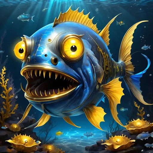 Prompt: Anglerfish with blue and dark gray scales zombie-like with golden plates and markings and angler lure that glows gold, background deep ocean with glowing plants