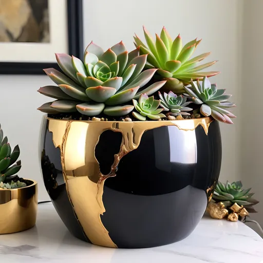 Prompt: giant Onyx and gold pot with neonsucculents inside.