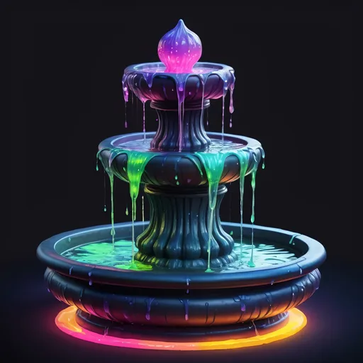 Prompt: A four-way fountain each side filled with strange glowing slime in many colors, in zen tangle art style
