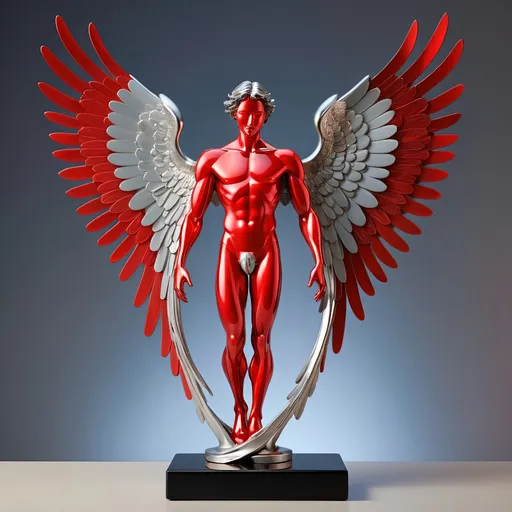 Prompt: Abstract metal tabletop sculpture in the shape of a male angel with wings the glow red, platinum and onyx body, bright solid colored background, high quality, metallic, modern, vibrant colors, detailed textures, professional lighting, symmetry 