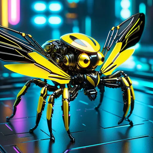 Prompt: Tiny jumping spider mech, metallic and sleek design, futuristic sci-fi style, detailed mechanical wings, intense yellow and black color scheme, sparkling neon lights, miniature scale, highres, ultra-detailed, sci-fi, futuristic, metallic sheen, mechanical wings, intense color scheme, miniature scale, neon lights, detailed design, professional, atmospheric lighting