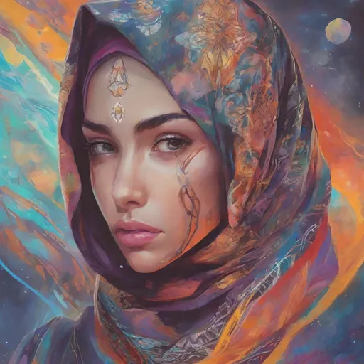 Prompt: Beautiful woman in hijab shooting galaxies from her eyes, digital illustration, cosmic atmosphere, intense gaze, flowing hijab with cosmic patterns, vibrant and dreamy, high quality, cosmic digital art, radiant colors, ethereal lighting