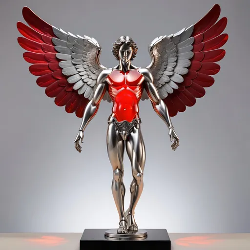 Prompt: Abstract metal tabletop sculpture in the shape of a male angel with wings the glow red, platinum and onyx body, bright solid colored background, high quality, metallic, modern, vibrant colors, detailed textures, professional lighting, symmetry 