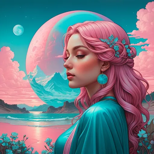 Prompt: muted pink sky and blue aqua sisyphean miracle minimalist emotionally impactful beauty in a surreal pop art style whispering in quirky fun casey weldon mucha davinci and guweiz illustration painting