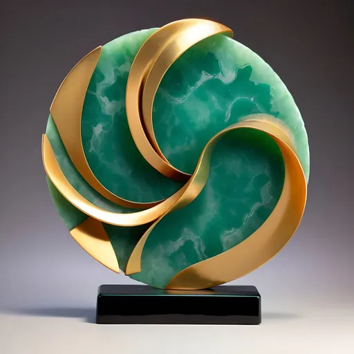 Prompt: Abstract metal tabletop sculpture, jade and gold, bright solid colored background, high quality, metallic, modern, vibrant colors, detailed textures, professional lighting