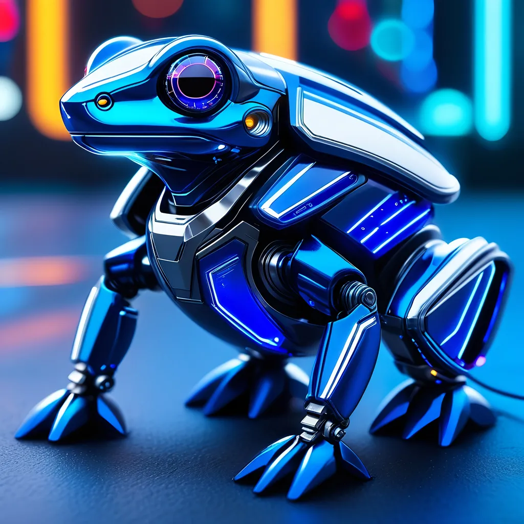 Prompt: Tiny frog mech, metallic and sleek design, futuristic sci-fi style, intense royal blue and white color scheme, sparkling neon lights, miniature scale, highres, ultra-detailed, sci-fi, futuristic, metallic sheen, intense color scheme, miniature scale, neon lights, detailed design, professional, atmospheric lighting