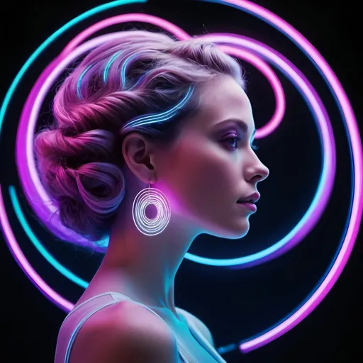 Prompt: In a wide format, depict a woman's face in profile, her hair styled into expansive spirals tinged with pink, blue, and violet. The backdrop is alive with glowing, concentric neon rings, giving the scene a dreamlike quality. The colors used are predominantly cool, evoking a sense of futuristic allure.