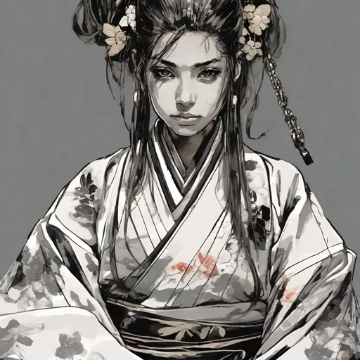 Prompt: (((Yoji Shinkawa))), sticker of ultra detailed portrait of Naomi Scott in japanese kimono,Kanzashi head accessories, high quality cell shaded illustration in post apocalyptic style by Yoji Shinkawa,(((sitting kneeling pose))), ((zoomed in face)),  (((katana))), (((Detailed hands))),perfect anatomy, centered, freedom, soul, blue and pink long hair, approach to perfection, cell shading, 4k , cinematic dramatic atmosphere, watercolor painting, global illumination, detailed and intricate environment, artstation, concept art, fluid and sharp focus, volumetric lighting, cinematic lighting, Art by Yoji Shinkawa and by Ilya Kuvshinov 
