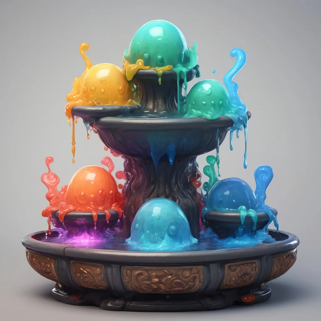 Prompt: A four-way fountain each side filled with strange glowing dancing slimes in many colors, in zen tangle art style
