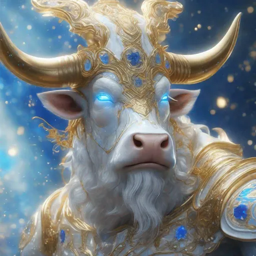 Prompt: A white, blue and gold translucent dwarf bull humanoid made of the element wind in heaven, highly detailed painting, photorealistic, sparkles, magical atmosphere, 8k