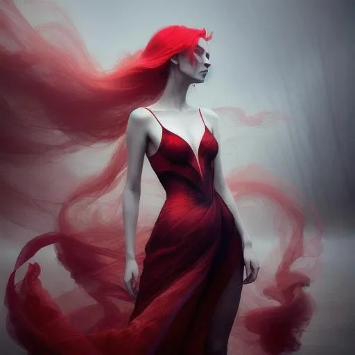 Prompt: model wearing a dress made of red smoke and fog, long red fog hair, futuristic dress by cibeta, in the style of samantha keely smith, yanjun cheng, rosalba carriera, weathercore, white and gray, mythical, vorticism