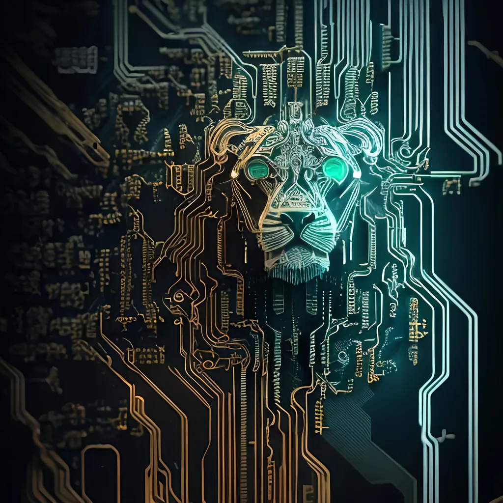 Prompt: Detailed illustration of a lion's head, circuit board, techno internet style, intricate circuitry details, high quality, cyberpunk, futuristic, lion's head, circuit board, intricate details, professional, futuristic, internet style, highres, ultra-detailed, cool tones, atmospheric lighting