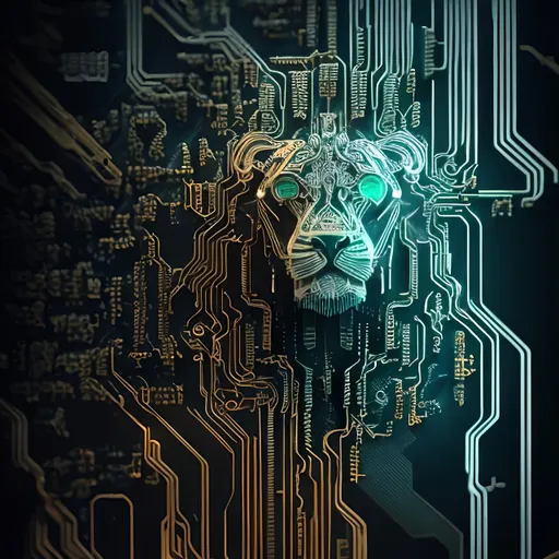 Prompt: Detailed illustration of a lion's head, circuit board, techno internet style, intricate circuitry details, high quality, cyberpunk, futuristic, lion's head, circuit board, intricate details, professional, futuristic, internet style, highres, ultra-detailed, cool tones, atmospheric lighting