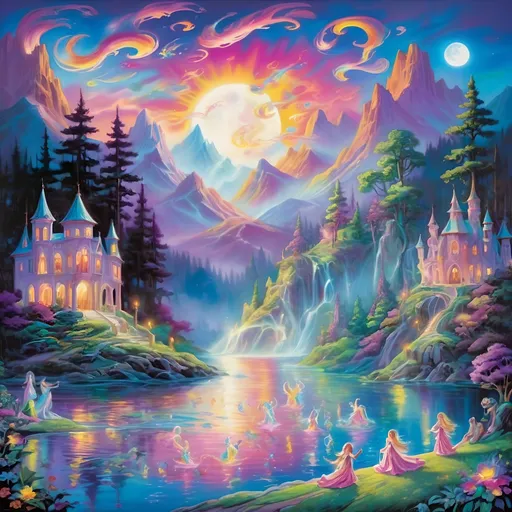 Prompt: Lisa Frank's style portrays a medieval legend where ethereal beings, illuminated as will-o'-the-wisps, dance around an ancient, moonlit lake. The scene is rich in romantic symbolism, with the will-o'-the-wisps depicted as delicate, ghostly figures. Their dance creates a mesmerizing pattern of light, leading the viewer's eye through the mystical, moonlit waterscape. 