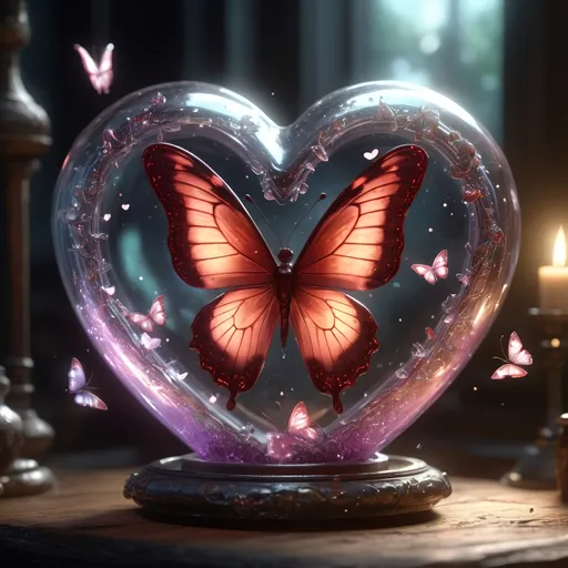 Prompt: insanely detailed gorgeous Glass_Heart with a magical_glowing_liquid inside surrounded_by fairy dust, Butterflies, Hearts, Love energy, :: in the style of Alice_in_Wonderland, :: Perfect_proportions, a masterpiece, 8k_resolution, dark_fantasy_concept_art, by Greg_Rutkowski, dynamic_lighting, Hyperrealistic, intricately_detailed, Splash screen art, trending on Artstation, deep_color, Unreal_Engine, volumetric lighting,