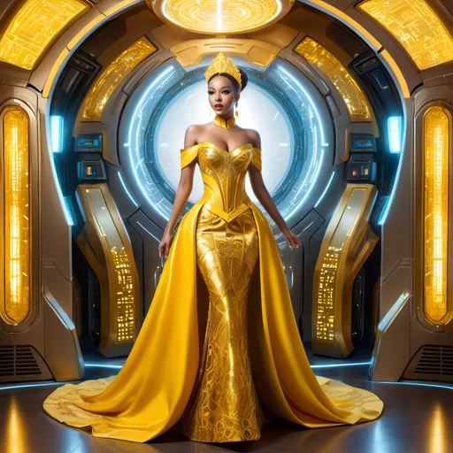 Prompt: futuristic-retro futurism style, light brown skinned princess, elaborate yellow, gold, honey colored fantasy wedding gown, cyberpunk server room, thin, tall white bald man, magical appearance, surprised expression, elaborate gown details, high quality, detailed, fantasy, retro-futuristic, princess, cyberpunk, server room, rich color tones, dramatic lighting