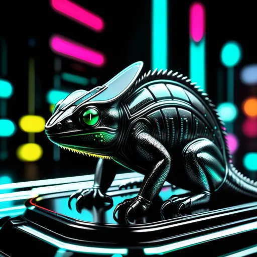 Prompt: small chameleon, metallic and sleek design, futuristic sci-fi style, intense black and white color scheme, sparkling neon lights, miniature scale, highres, ultra-detailed, sci-fi, futuristic, metallic sheen, intense color scheme, miniature scale, neon lights, detailed design, professional, atmospheric lighting