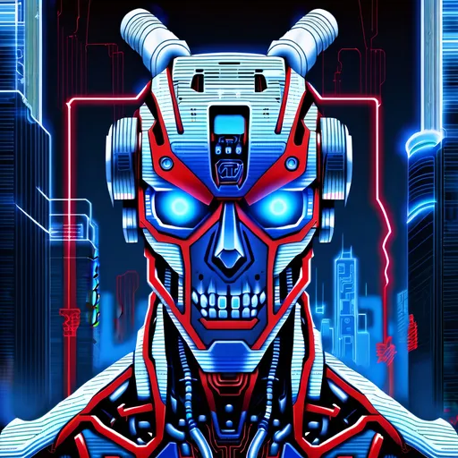 Prompt: Cybernetic robotic demon mist, red and blue lines. Make the background the bronx.