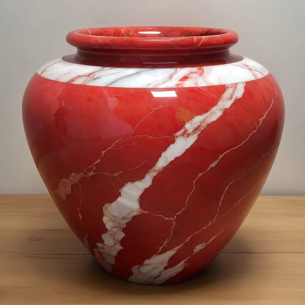 Prompt: Big Red quartz and marble pot.