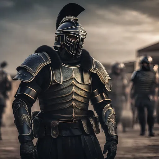 Prompt: A modern roman military male in black military armor galea helmet of roman armor, and gas mask, background military base, Hyperrealistic, sharp focus, Professional, UHD, HDR, 8K, Render, electronic, dramatic, vivid, pressure, stress, nervous vibe, loud, tension, traumatic, dark, cataclysmic, violent, fighting, Epic