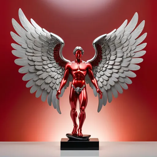 Prompt: Abstract metal tabletop sculpture in the shape of a male angel with wings the glow red, platinum and onyx body, bright solid colored background, high quality, metallic, modern, vibrant colors, detailed textures, professional lighting, symmetry 