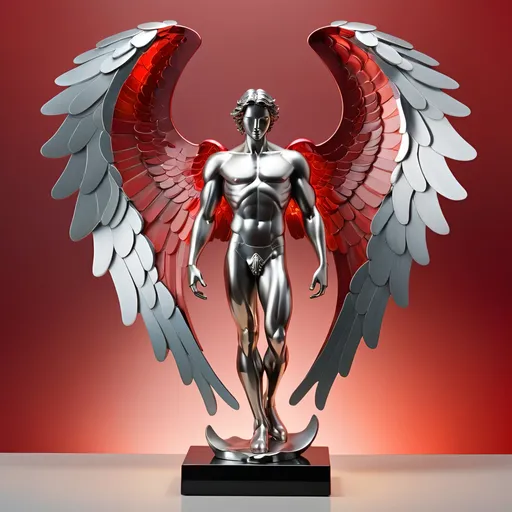 Prompt: Abstract metal tabletop sculpture in the shape of a male angel with wings the glow red, platinum and onyx body, bright solid colored background, high quality, metallic, modern, vibrant colors, detailed textures, professional lighting, symmetry 