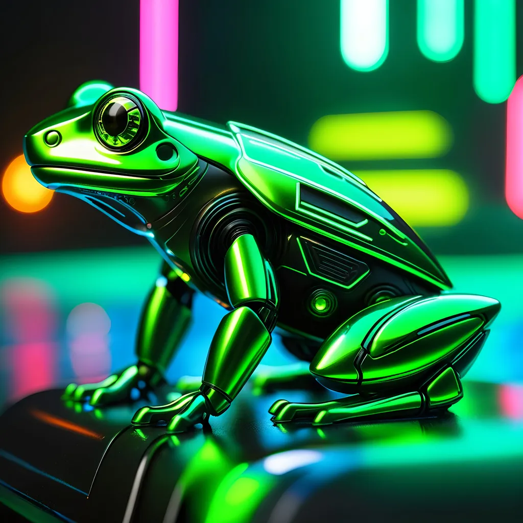 Prompt: Tiny frog mech, metallic and sleek design, futuristic sci-fi style, intense green and black color scheme, sparkling neon lights, miniature scale, highres, ultra-detailed, sci-fi, futuristic, metallic sheen, intense color scheme, miniature scale, neon lights, detailed design, professional, atmospheric lighting