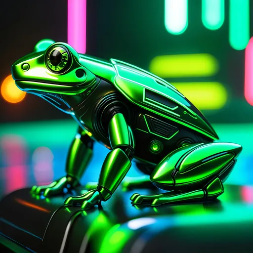 Prompt: Tiny frog mech, metallic and sleek design, futuristic sci-fi style, intense green and black color scheme, sparkling neon lights, miniature scale, highres, ultra-detailed, sci-fi, futuristic, metallic sheen, intense color scheme, miniature scale, neon lights, detailed design, professional, atmospheric lighting