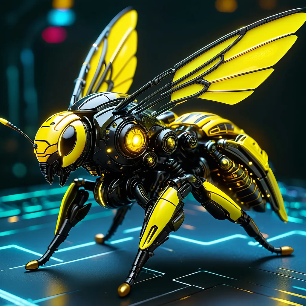 Prompt: Tiny hornet mech, metallic and sleek design, futuristic sci-fi style, detailed mechanical wings, intense yellow and black color scheme, sparkling neon lights, miniature scale, highres, ultra-detailed, sci-fi, futuristic, metallic sheen, mechanical wings, intense color scheme, miniature scale, neon lights, detailed design, professional, atmospheric lighting