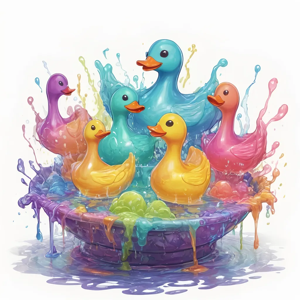 Prompt: A four-way fountain each side filled with strange glowing dancing rubber duck shaped slimes in many colors, in zen tangle art style
