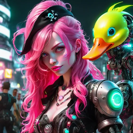 Prompt: Beautiful cybernetic female pirate with long neon pink hair that glows. Put a small robotic duck in the background.