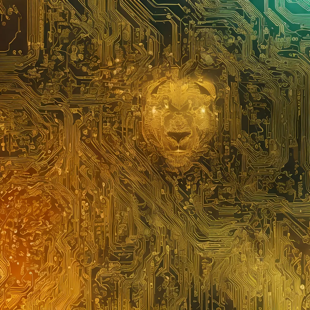 Prompt: Detailed illustration of lion head, printed circuit board, techno internet style, intricate circuit details, high quality, cyberpunk, futuristic, lion head, printed circuit board, intricate details, professional, futuristic, techno, internet style, highres, ultra detailed, cool tones, atmospheric lighting