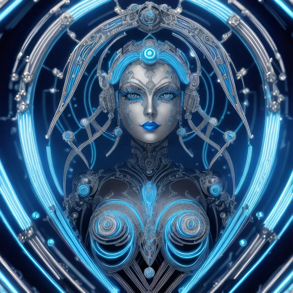 Prompt: intricate Art deco metal Lady, sparkling blue eyes, metal, color,  ornate, intricate, flowing, neon, led, fractals, hyper-detailed, 64K, UHD, HDR, unreal engine, vivid colors