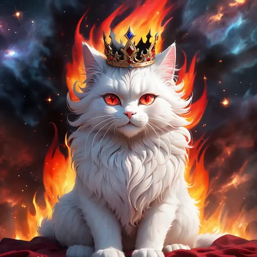 Prompt: warrior king cat with {black fur} and {ruby red eyes}, senior male cat, fire element, wearing crown, flame, Erin Hunter, gorgeous anime portrait, beautiful cartoon, 2d cartoon, beautiful 8k eyes, elegant {red fur}, pronounced scar on chest, fine oil painting, modest, gazing at viewer, beaming red eyes, glistening red fur, low angle view, zoomed out view of character, 64k, hyper detailed, expressive, timid, graceful, beautiful, expansive silky mane, deep starry sky, golden ratio, precise, perfect proportions, vibrant, standing majestically on a tall crystal stone, hyper detailed, complementary colors, UHD, HDR, top quality artwork, beautiful detailed background, unreal 5, artstaion, deviantart, instagram, professional, masterpiece