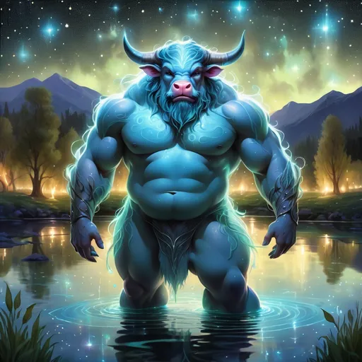 Prompt: An fantasy translucent dwarf bull humanoid that is glowing on a lake surrounded by willows. Starry night. Bioluminescent. Beautiful. Majestic. Graceful. Terrifying. Powerful. Highly detailed painting. 8k.