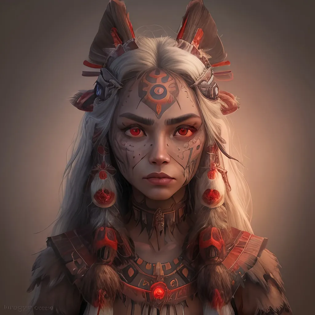 Prompt: anthropomorphized "Native American", wearing an outfit inspired by "World of Warcraft", she is making eye contact, she has red eyes, full body, detailed symmetrical face, detailed real skin textures, highly detailed, digital painting ,add white glow, HD quality, 